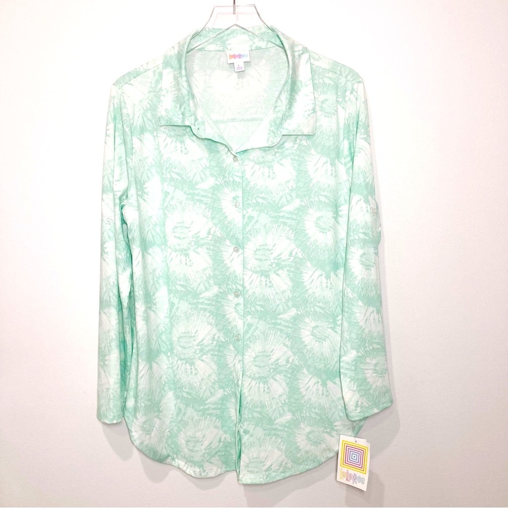 LuLaRoe Valentina Button Front Long Sleeve Blouse Mint Green White Floral NEW